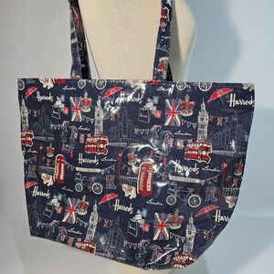 Harrod's London SW1 Top Zip Tote Bag Reusable Glossy Shopping 18×13x5